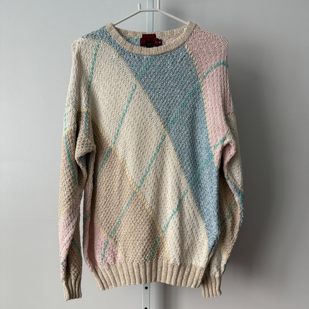 VTG‎ Chaps Ralph Lauren M Pastel Argyle Knit Sweater Linen Preppy Classic